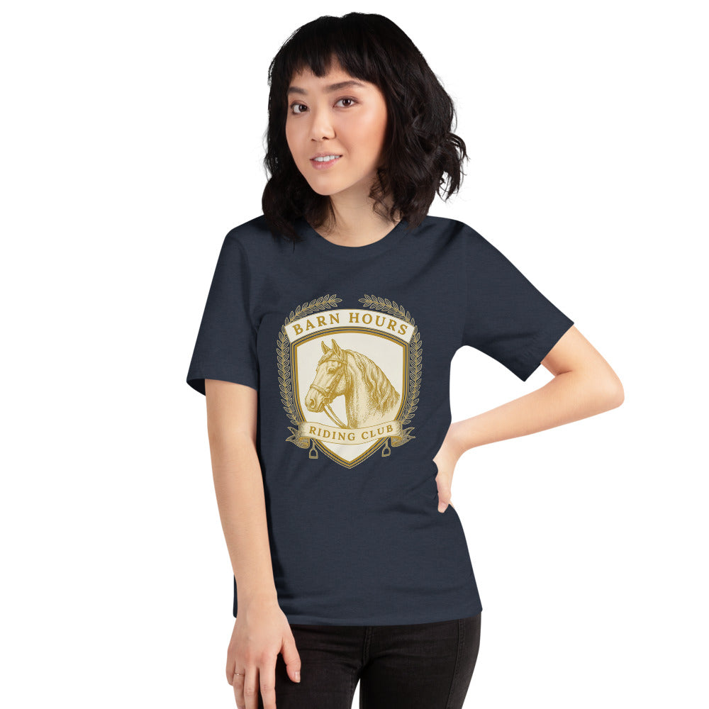 Barn Hours Riding Club vintage equestrian stable crest t-shirt — Heather Navy, on model