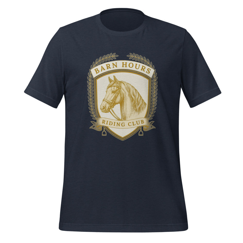 Barn Hours Riding Club vintage equestrian stable crest t-shirt — Heather Navy, front