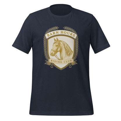 Barn Hours Riding Club vintage equestrian stable crest t-shirt — Heather Navy, front