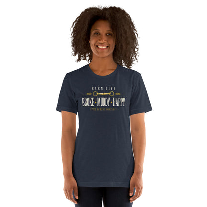 Broke Muddy Happy funny barn life equestrian t-shirt — Heather Navy, on model