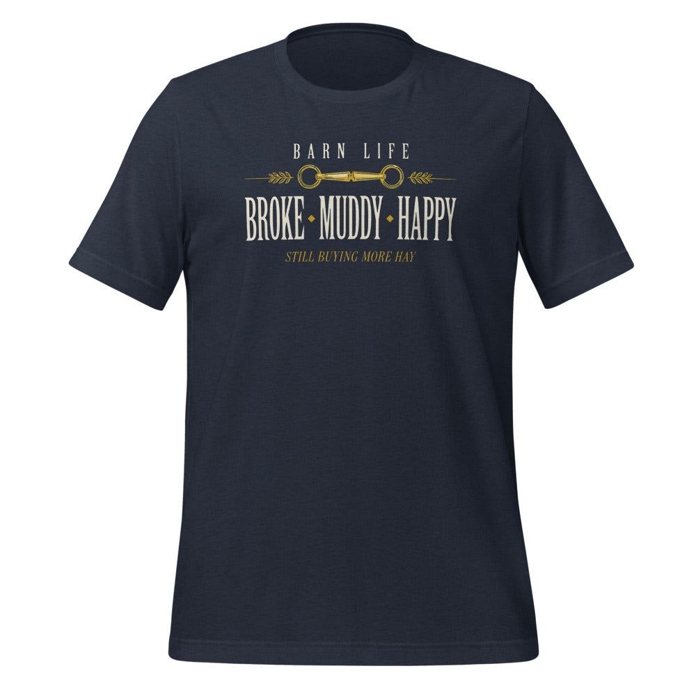 Broke Muddy Happy funny barn life equestrian t-shirt — Heather Navy, front