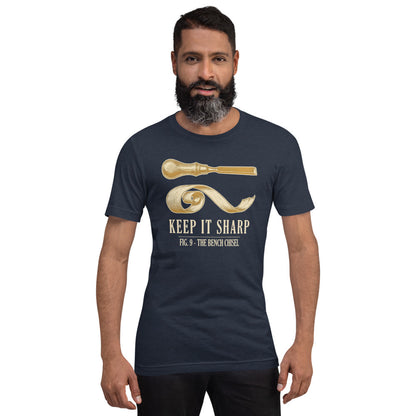 Keep It Sharp woodworking tee — Heather Navy, on model