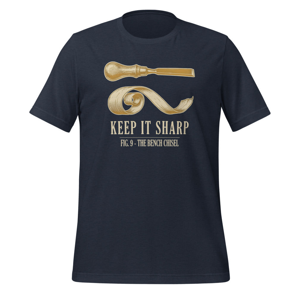 Keep It Sharp woodworking tee — Heather Navy, front
