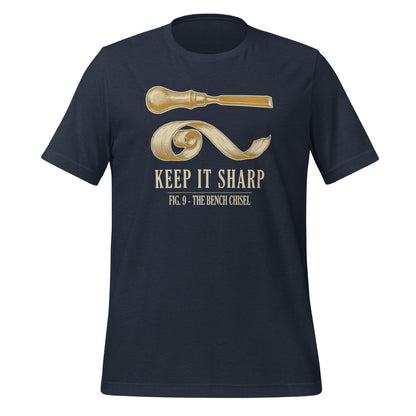 Keep It Sharp woodworking tee — Heather Navy, front