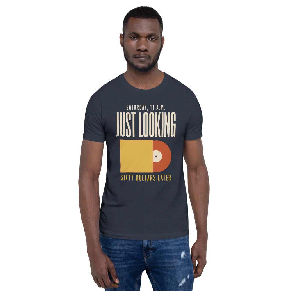 Just Looking Sixty Dollars Later vinyl record tee — Heather Navy, on model