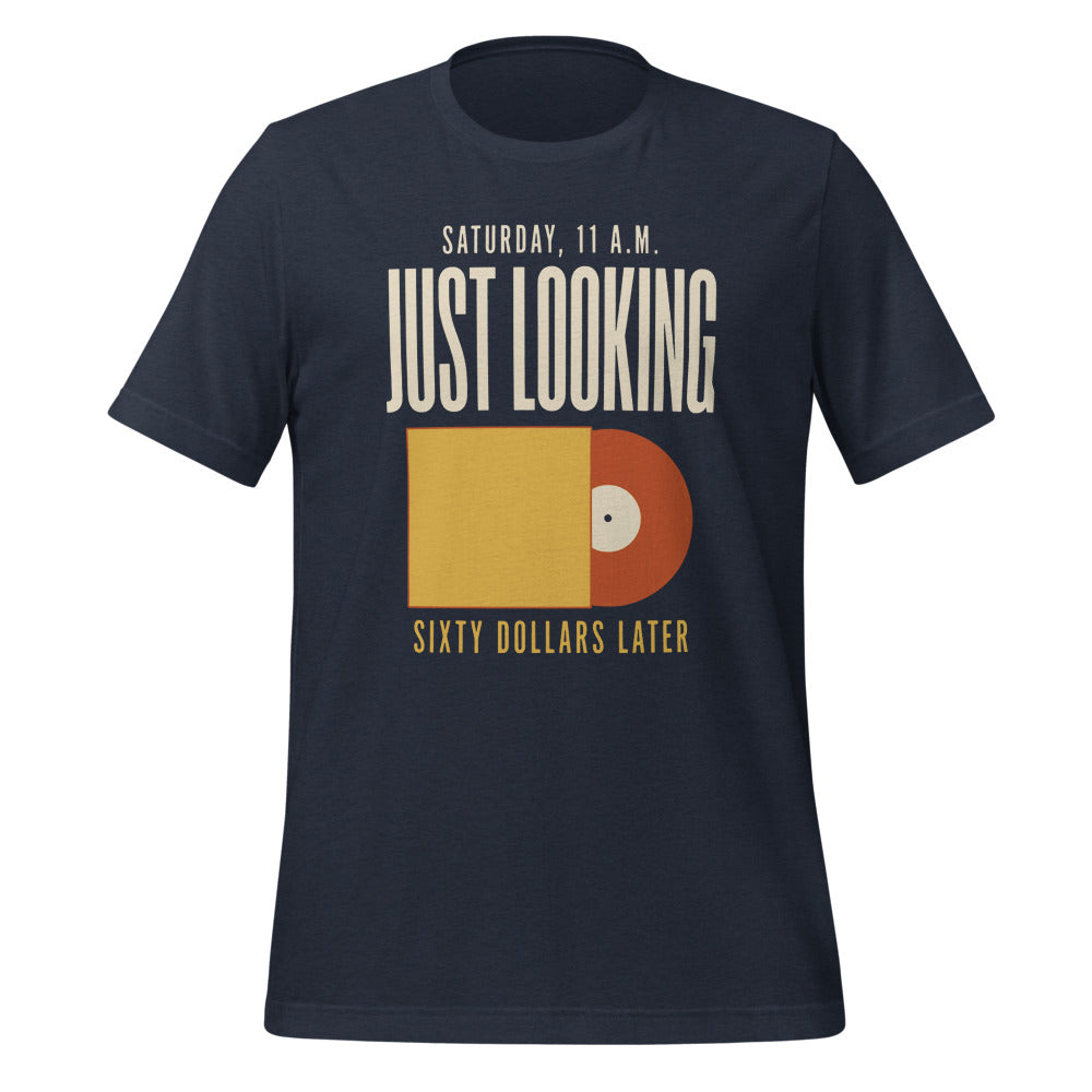 Just Looking Sixty Dollars Later vinyl record tee — Heather Navy, front
