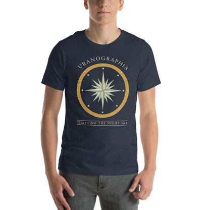 Uranographia vintage celestial chart astronomy tee — Heather Navy, on model
