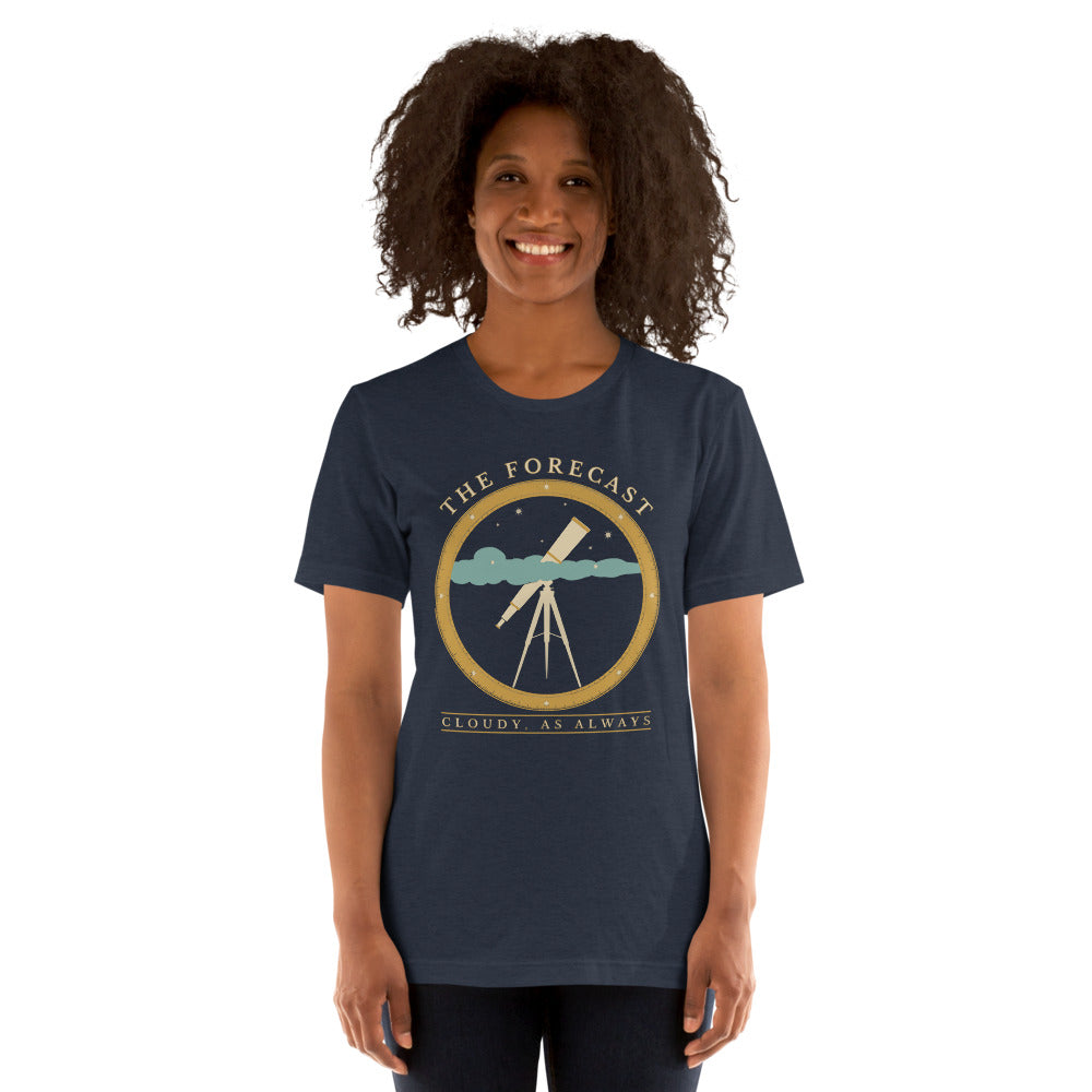 The Forecast Cloudy As Always funny astronomy tee — Heather Navy, on model