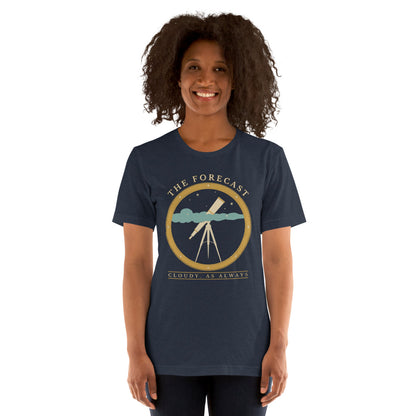 The Forecast Cloudy As Always funny astronomy tee — Heather Navy, on model