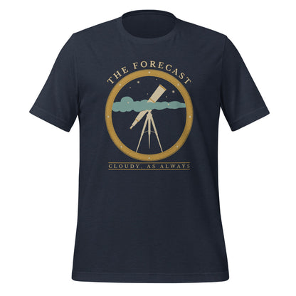The Forecast Cloudy As Always funny astronomy tee — Heather Navy, front