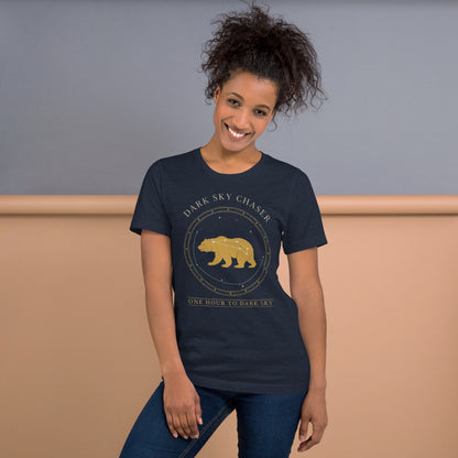 Dark Sky Chaser Ursa Major constellation astronomy tee — Heather Navy, on model