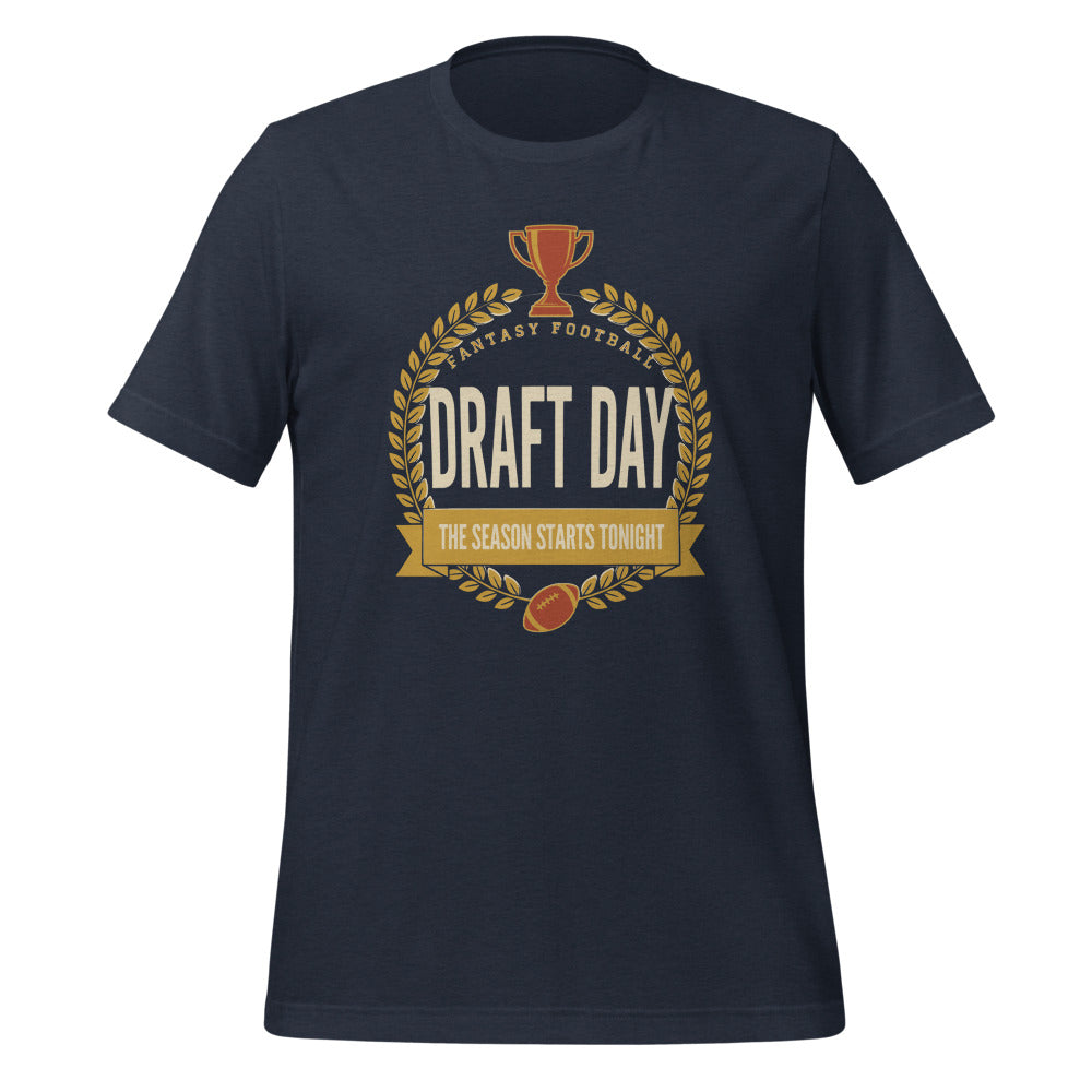 Draft Day Almanac vintage fantasy football draft tee — Heather Navy, front