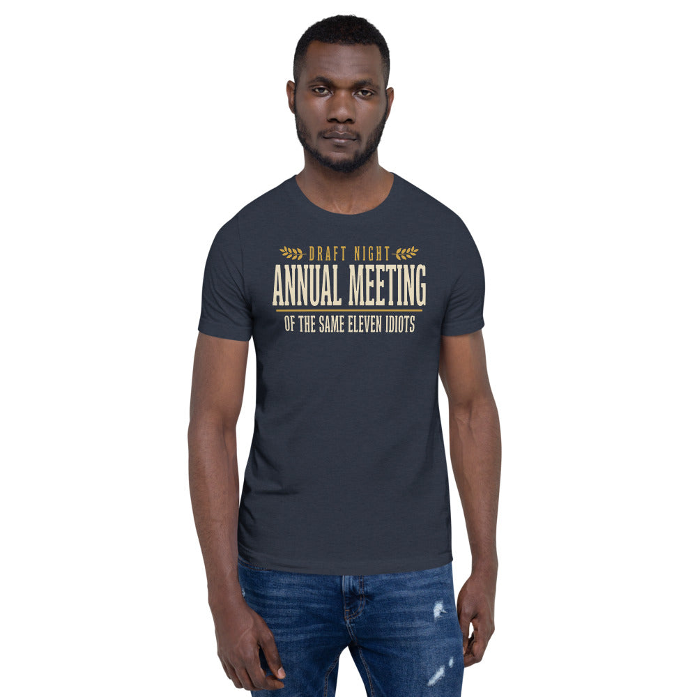 Annual Meeting of the Same Eleven Idiots funny fantasy football draft tee — Heather Navy, on model