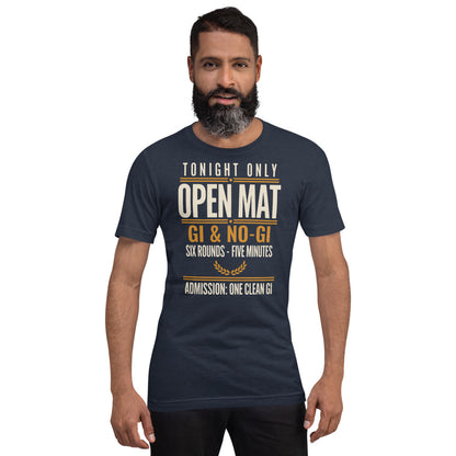 Open Mat Tonight Brazilian jiu jitsu t-shirt — Heather Navy, on model