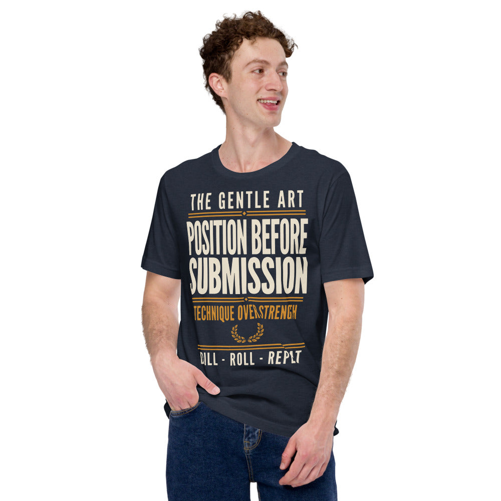 Position Before Submission Brazilian jiu jitsu t-shirt — Heather Navy, on model