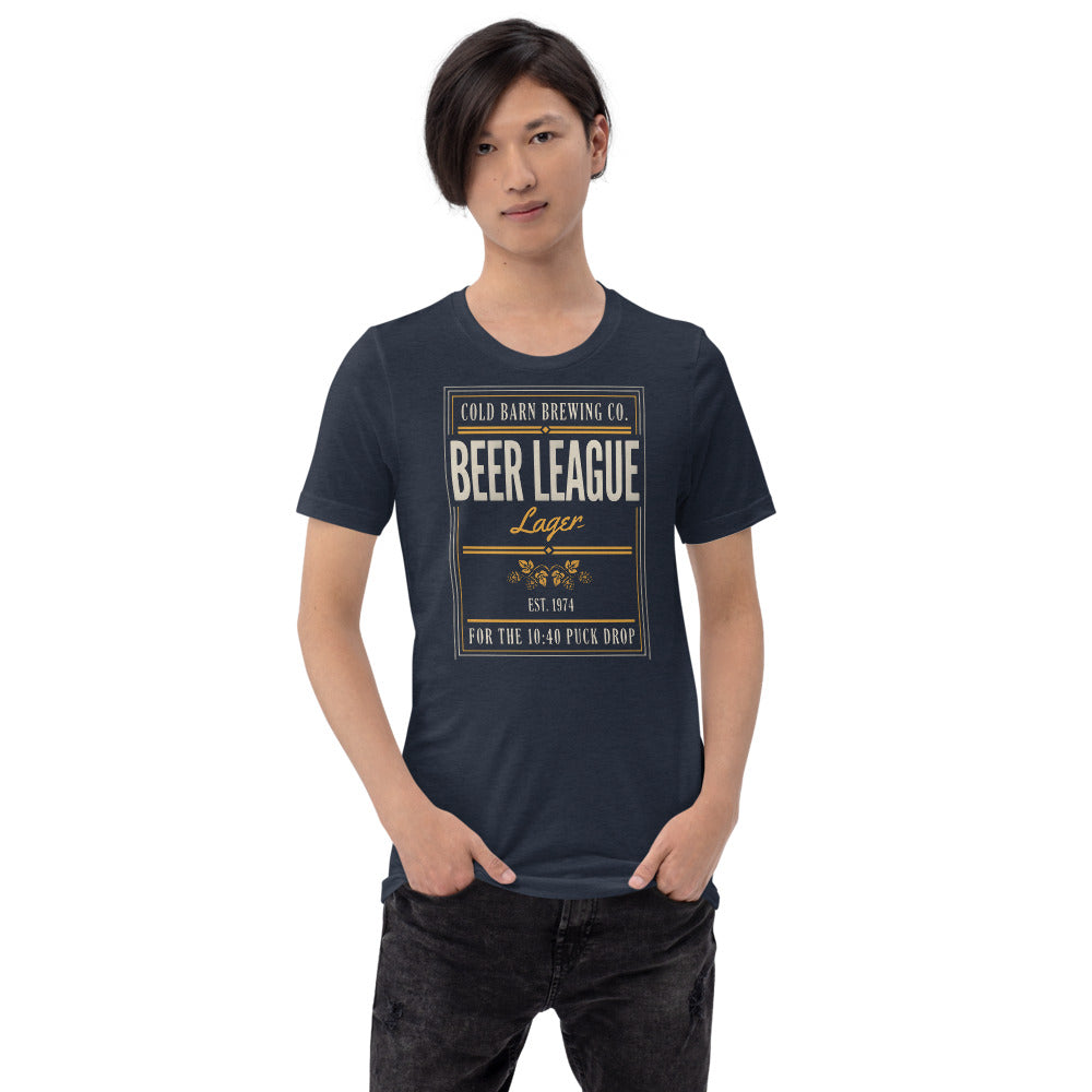 Beer League Cold Barn Brewing lager t-shirt — Heather Navy, on model