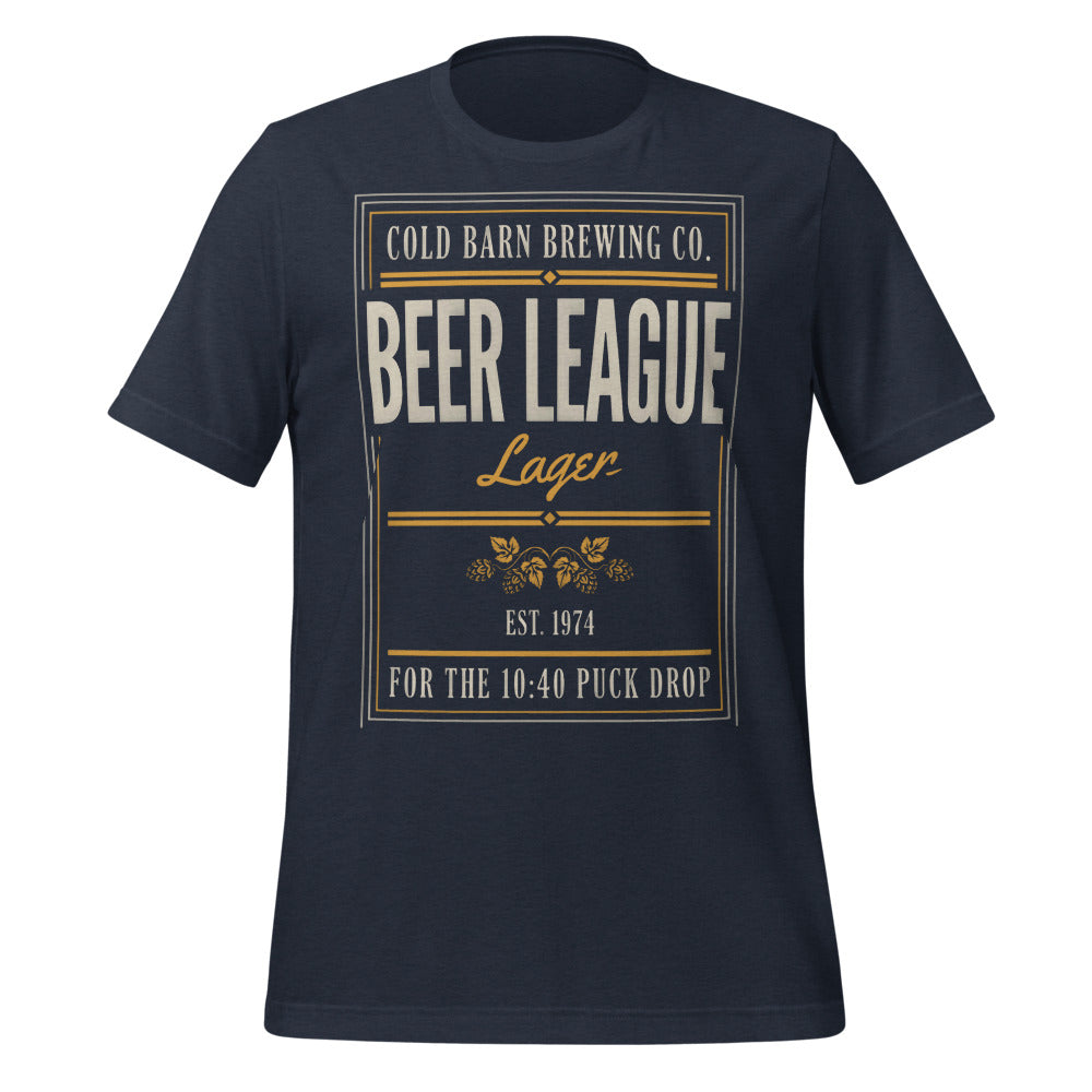 Beer League Cold Barn Brewing lager t-shirt — Heather Navy, front