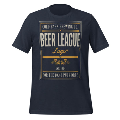 Beer League Cold Barn Brewing lager t-shirt — Heather Navy, front