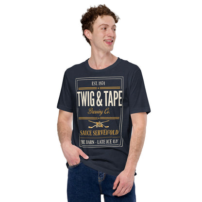 Twig and Tape Brewing Co. beer league hockey t-shirt — Heather Navy, on model