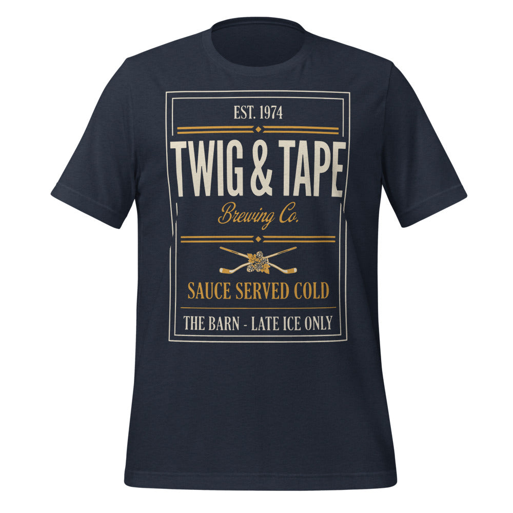 Twig and Tape Brewing Co. beer league hockey t-shirt — Heather Navy, front
