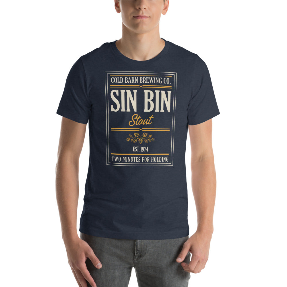 Beer League Sin Bin Stout brewery label t-shirt — Heather Navy, on model