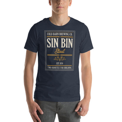 Beer League Sin Bin Stout brewery label t-shirt — Heather Navy, on model