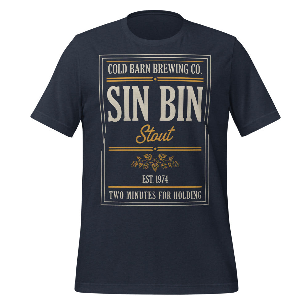 Beer League Sin Bin Stout brewery label t-shirt — Heather Navy, front