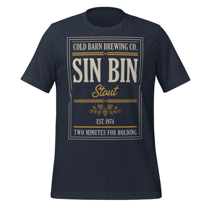 Beer League Sin Bin Stout brewery label t-shirt — Heather Navy, front