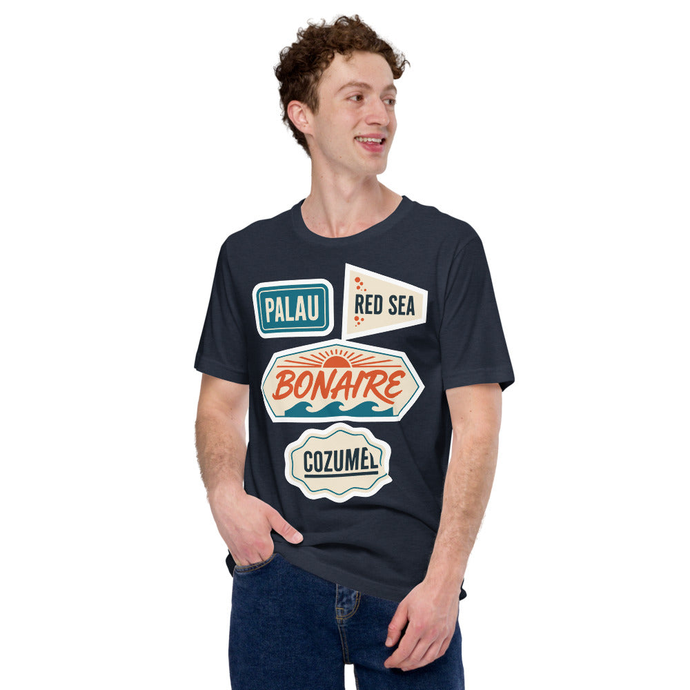 Vintage scuba diving dive sites travel decal t-shirt — Heather Navy, on model