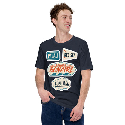 Vintage scuba diving dive sites travel decal t-shirt — Heather Navy, on model