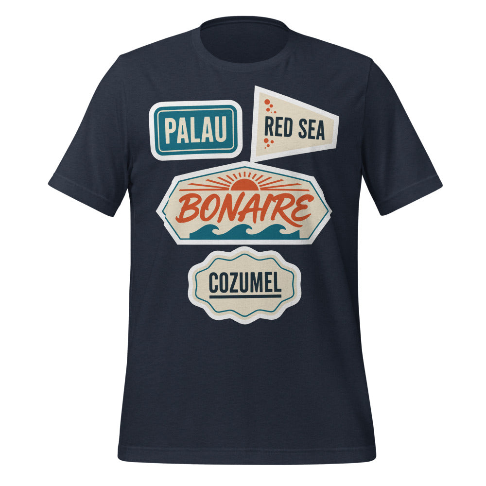 Vintage scuba diving dive sites travel decal t-shirt — Heather Navy, front