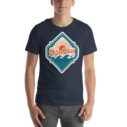 Surface Interval vintage scuba diving travel decal t-shirt — Heather Navy, on model