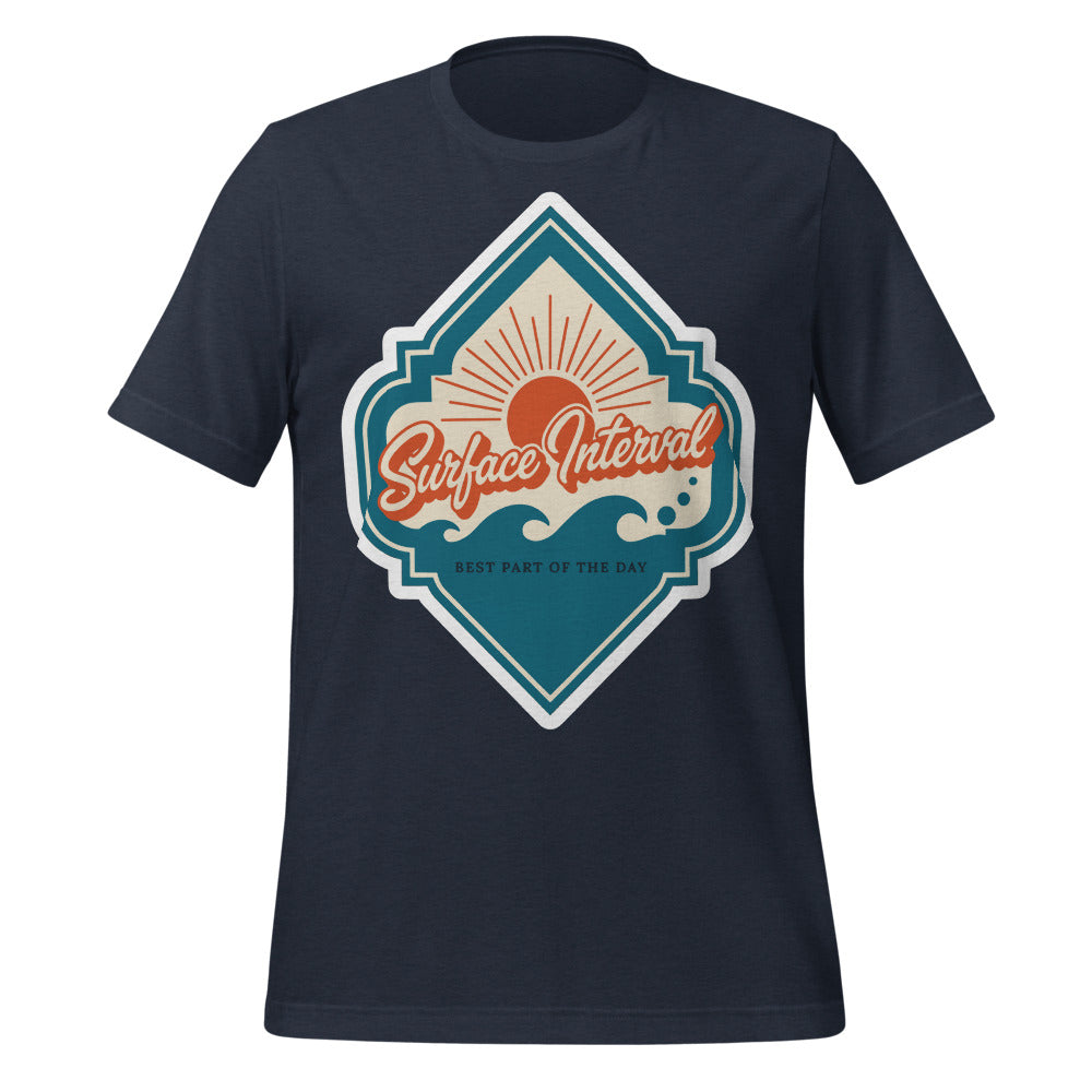 Surface Interval vintage scuba diving travel decal t-shirt — Heather Navy, front