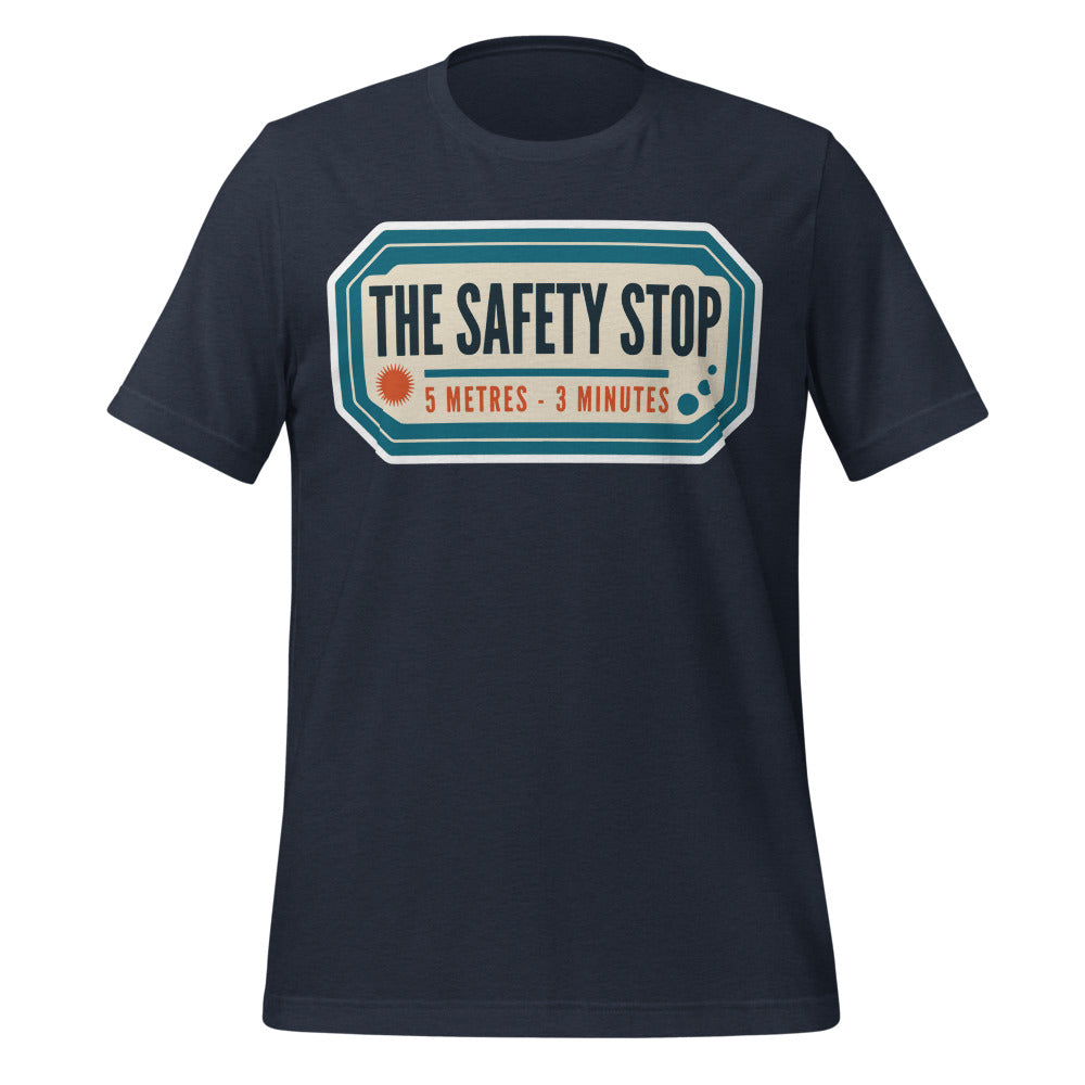 The Safety Stop vintage scuba diving travel decal t-shirt — Heather Navy, front