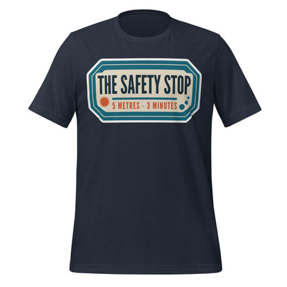 The Safety Stop vintage scuba diving travel decal t-shirt — Heather Navy, front