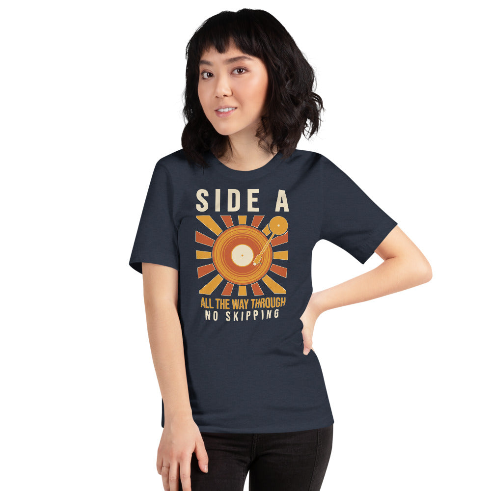 Side A No Skipping vinyl record tee — Heather Navy, on model