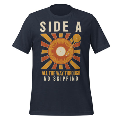 Side A No Skipping vinyl record tee — Heather Navy, front