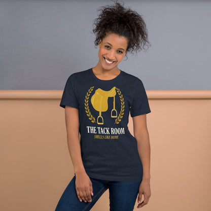 The Tack Room engraved equestrian saddle crest t-shirt — Heather Navy, on model