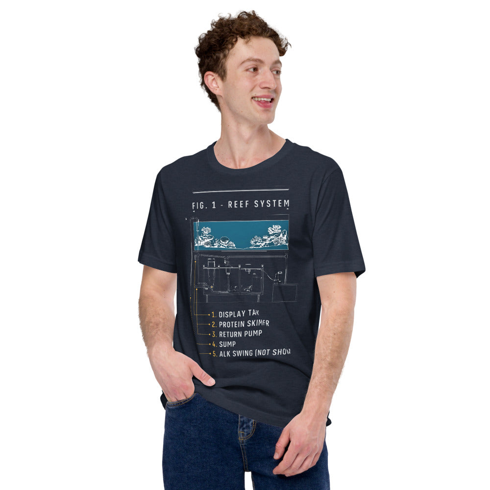 Reef System technical cutaway saltwater aquarium t-shirt — Heather Navy, on model