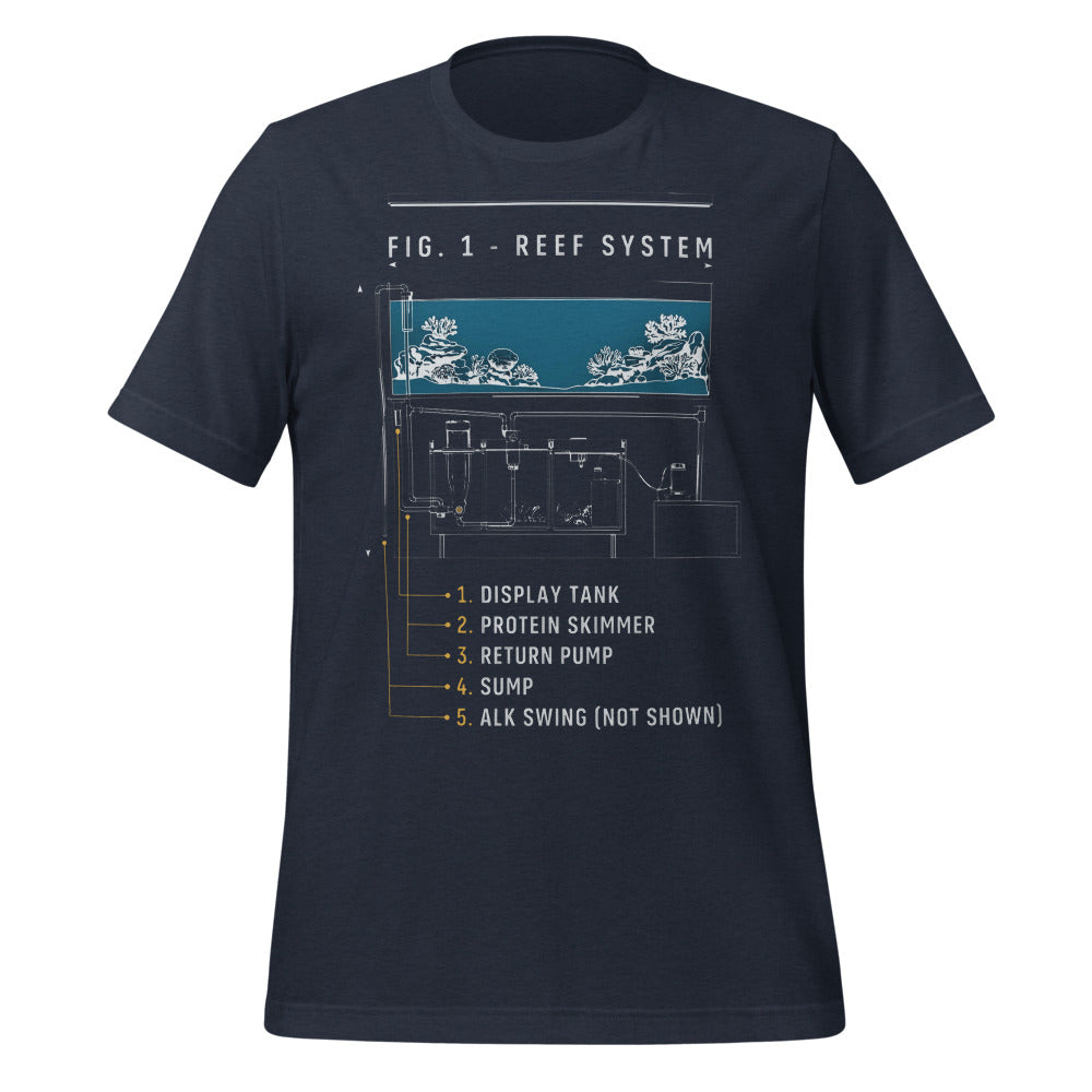 Reef System technical cutaway saltwater aquarium t-shirt — Heather Navy, front