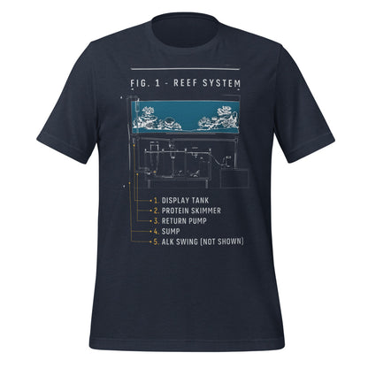 Reef System technical cutaway saltwater aquarium t-shirt — Heather Navy, front
