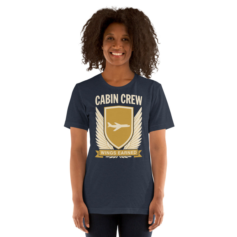 Wings Earned flight attendant tee — Heather Navy, on model