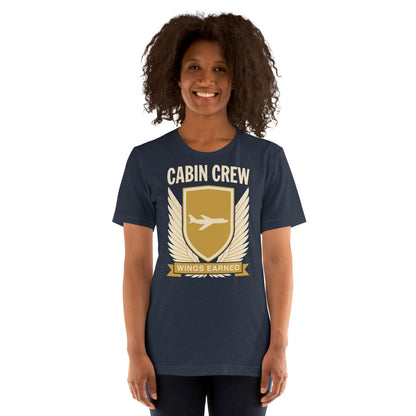 Wings Earned flight attendant tee — Heather Navy, on model
