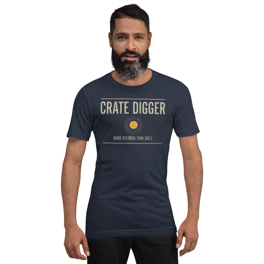 Crate Digger vinyl record tee — Heather Navy, on model