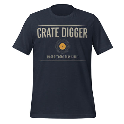 Crate Digger vinyl record tee — Heather Navy, front