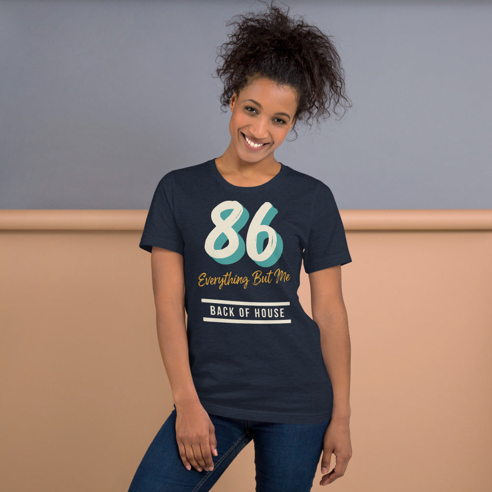 86 Everything But Me line cook back of house t-shirt — Heather Navy, on model