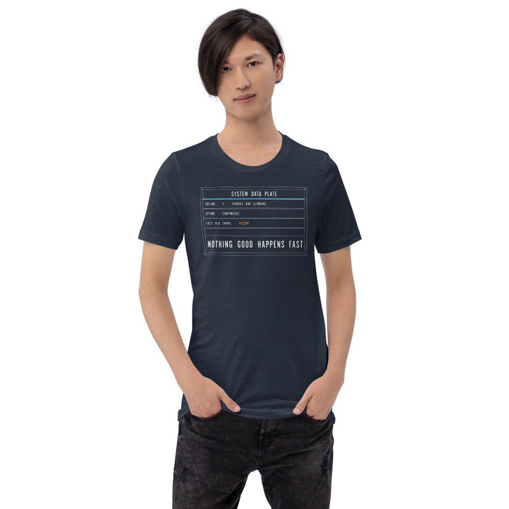 Nothing Good Happens Fast reef system data plate saltwater aquarium t-shirt — Heather Navy, on model