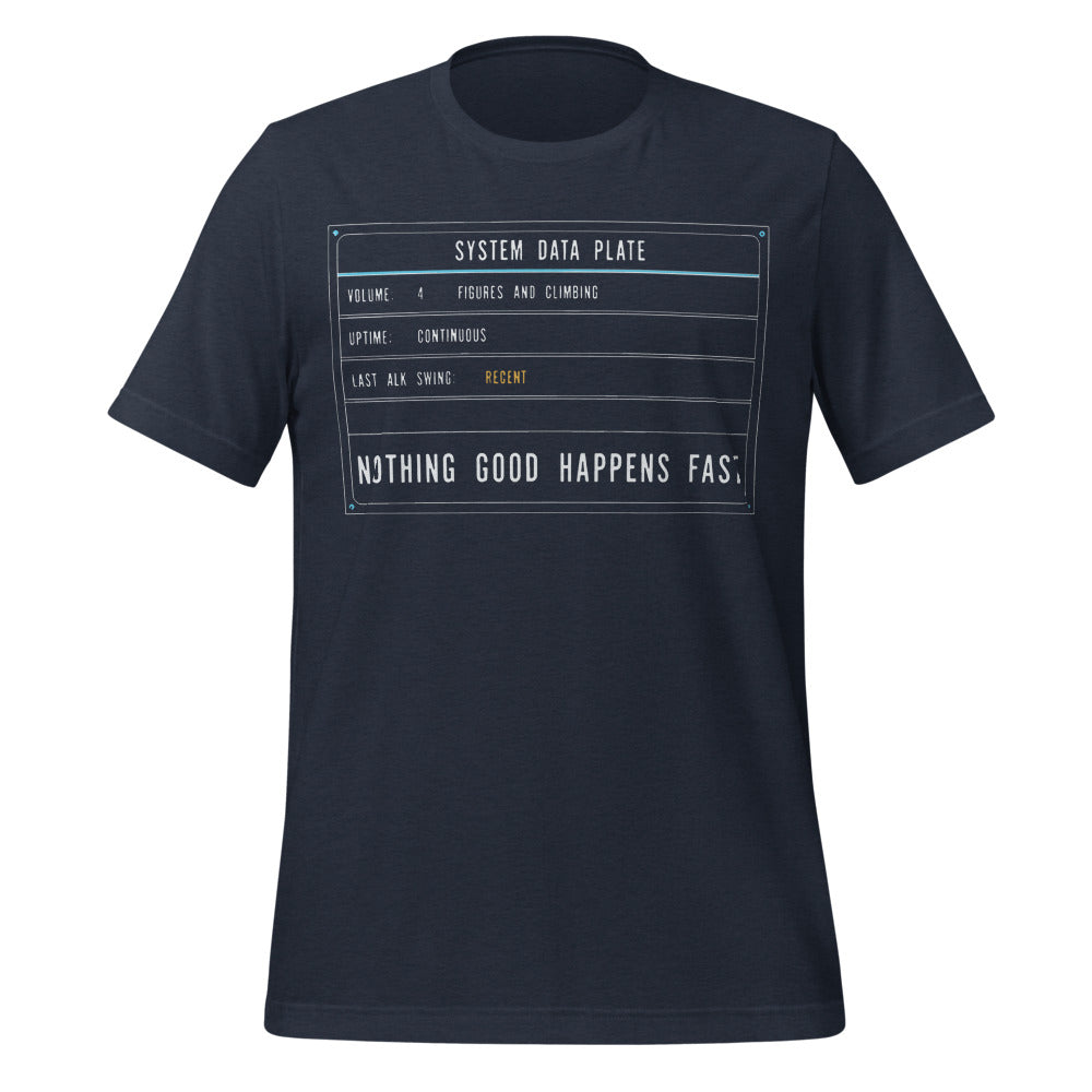 Nothing Good Happens Fast reef system data plate saltwater aquarium t-shirt — Heather Navy, front