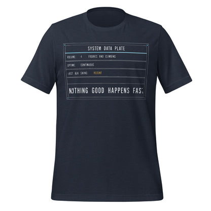 Nothing Good Happens Fast reef system data plate saltwater aquarium t-shirt — Heather Navy, front