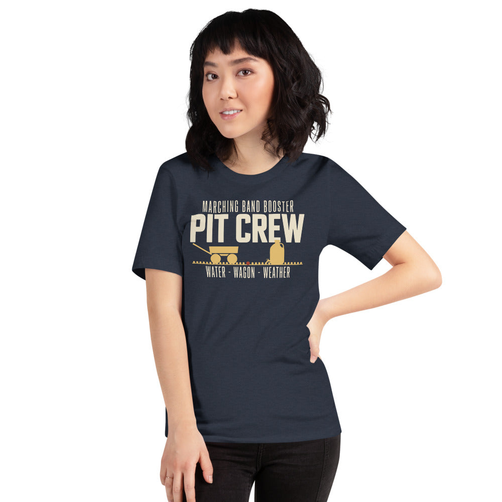 Pit Crew marching band booster t-shirt — Heather Navy, on model